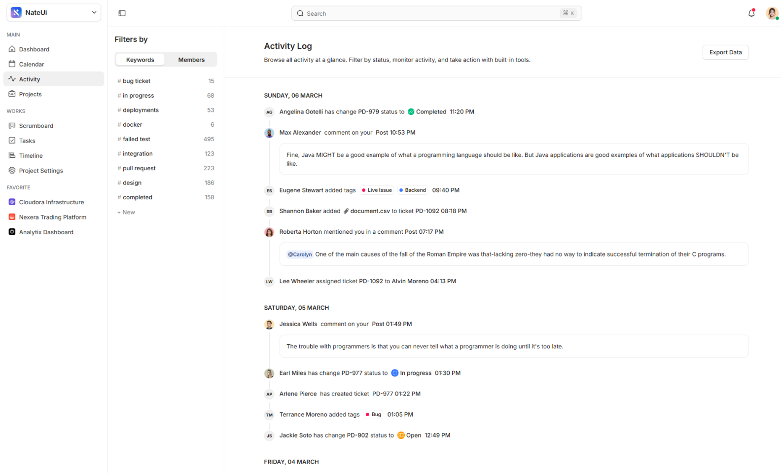 Project activity log