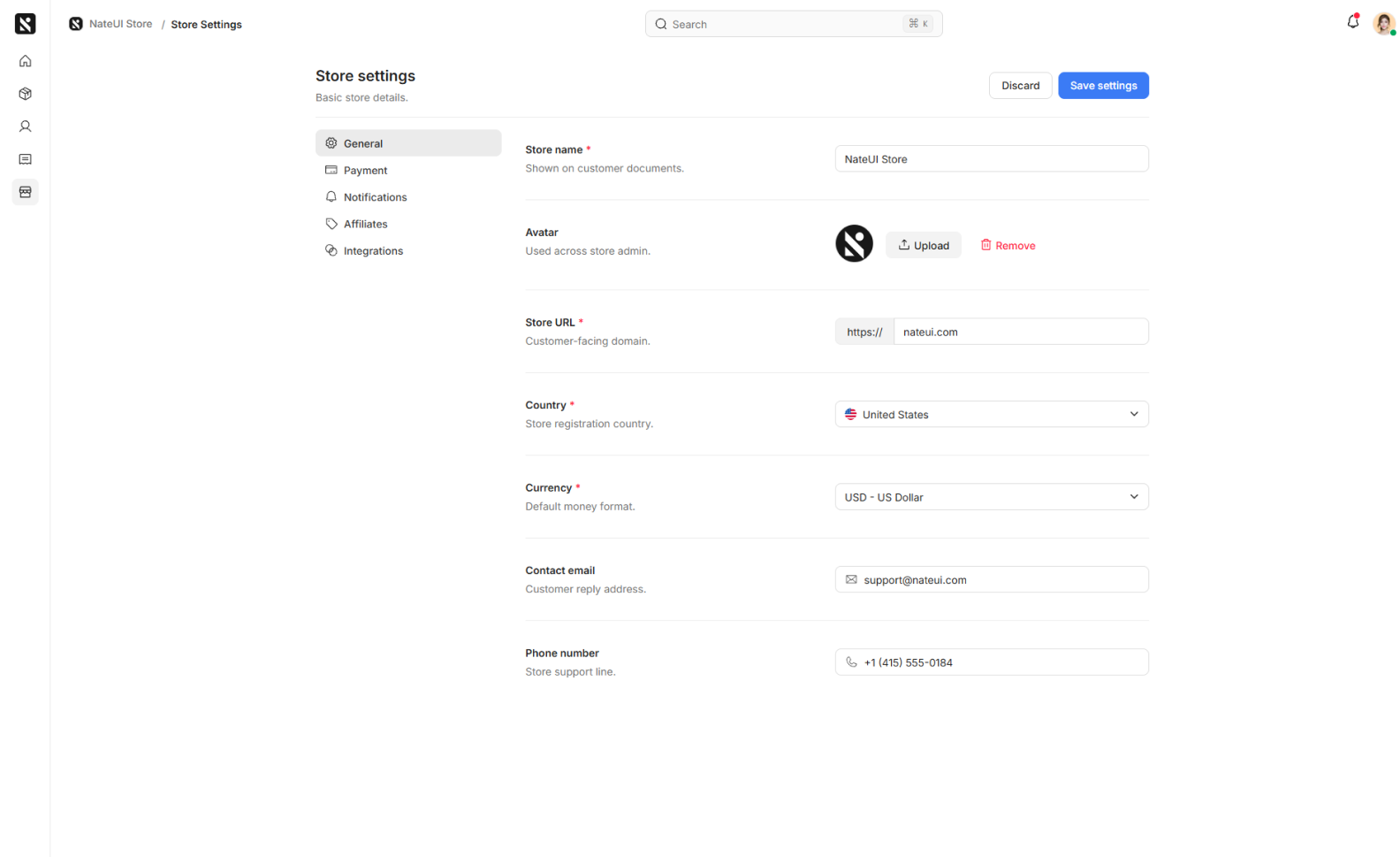 Store settings