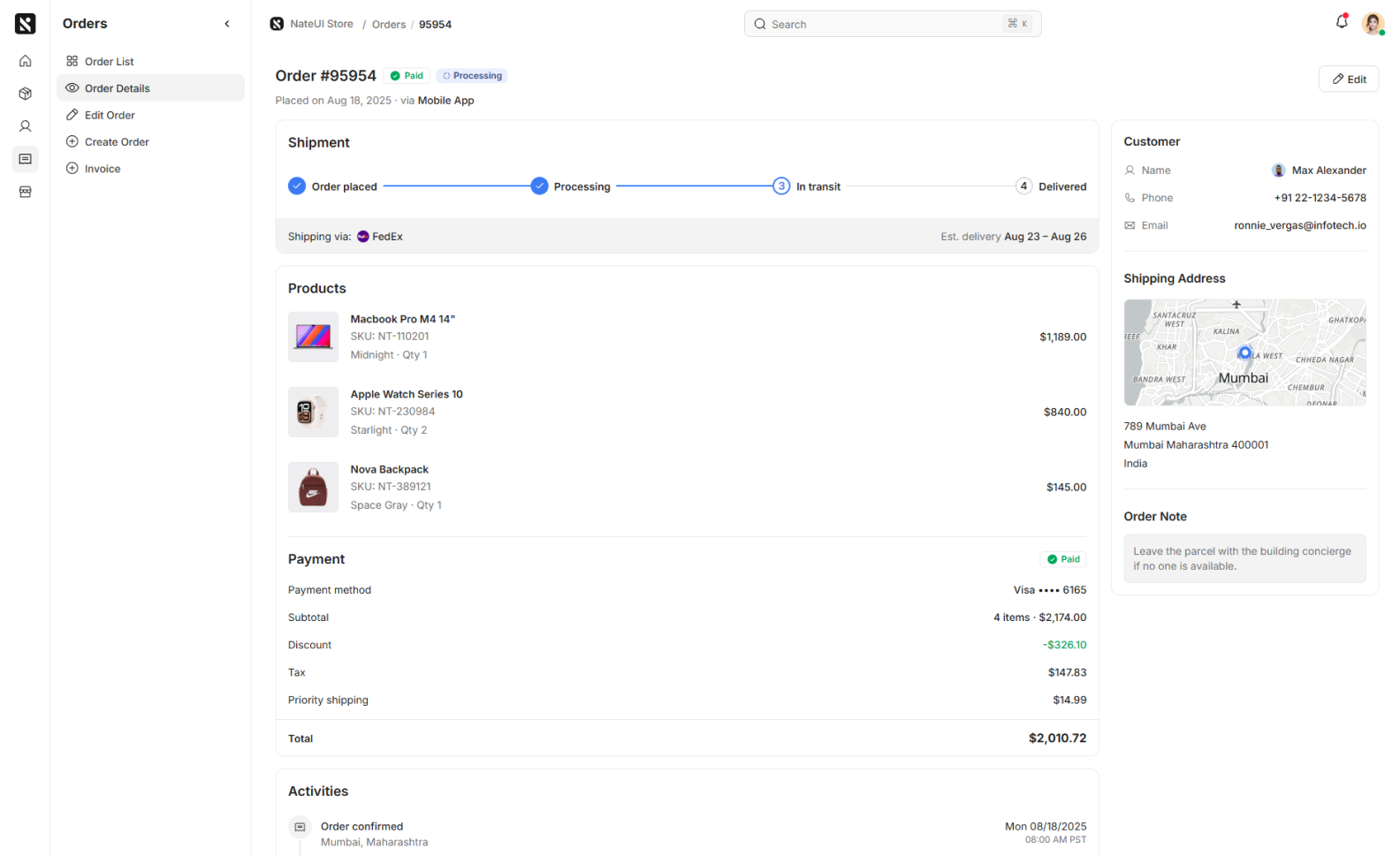 Order details, delivery tracking, and activity